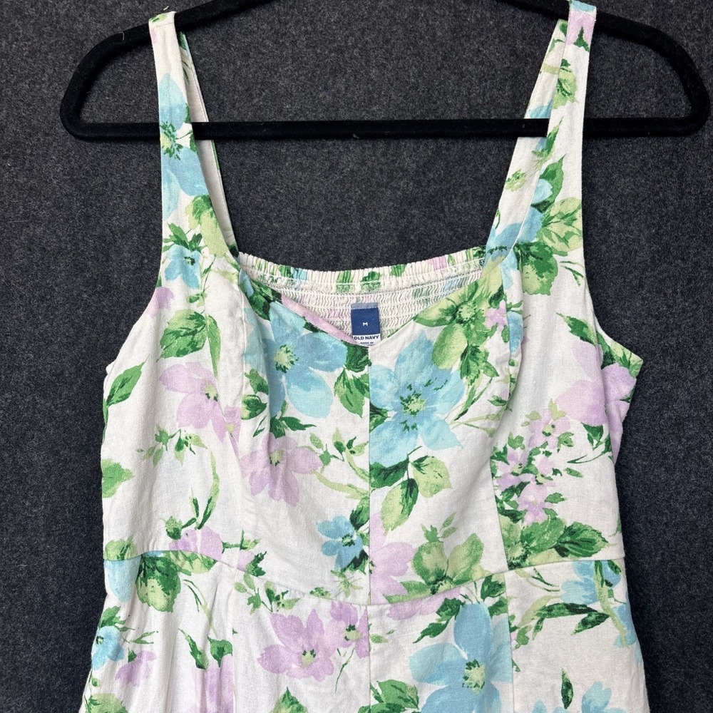 Old Navy Linen Blend Fit & Flare Floral Midi Dress Size M Cottagecore Pockets - Picture 3 of 11